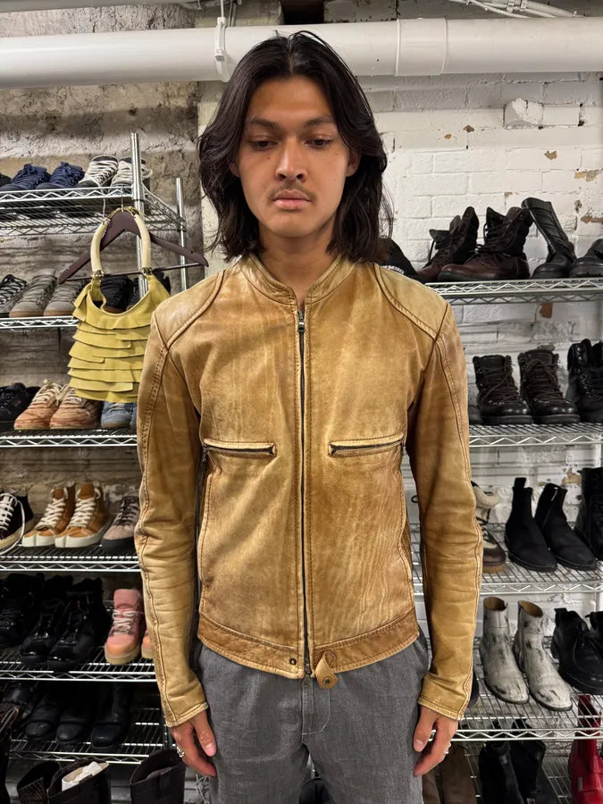 2000s Prada Biker Aged Brown Leather Jacket (M) Hlcreuf 1