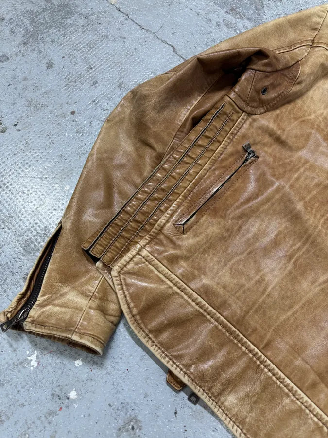 2000s Prada Biker Aged Brown Leather Jacket (M) Hlcreuf 10