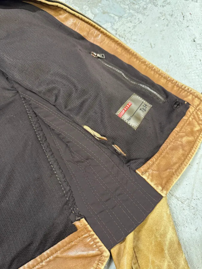 2000s Prada Biker Aged Brown Leather Jacket (M) Hlcreuf 14