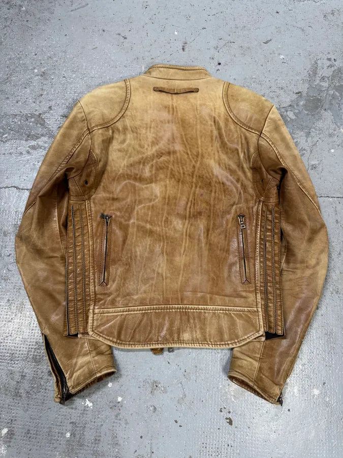 2000s Prada Biker Aged Brown Leather Jacket (M) Hlcreuf 2