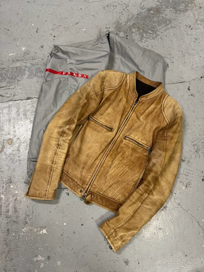 2000s Prada Biker Aged Brown Leather Jacket (M) Hlcreuf 4