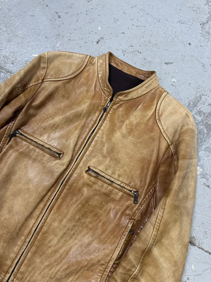2000s Prada Biker Aged Brown Leather Jacket (M) Hlcreuf 5