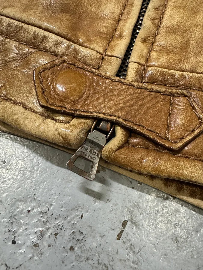 2000s Prada Biker Aged Brown Leather Jacket (M) Hlcreuf 6