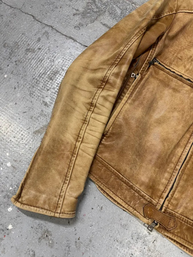2000s Prada Biker Aged Brown Leather Jacket (M) Hlcreuf 7