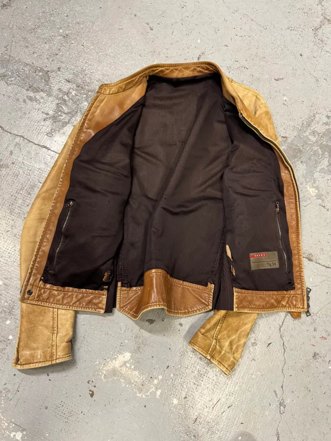 2000s Prada Biker Aged Brown Leather Jacket (M) Hlcreuf 8