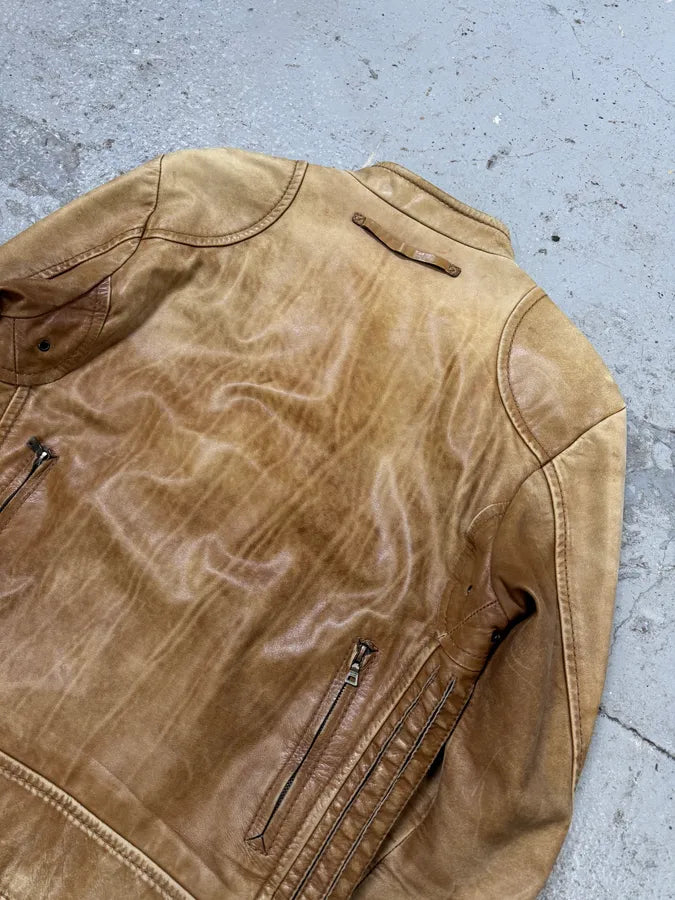 2000s Prada Biker Aged Brown Leather Jacket (M) Hlcreuf 9