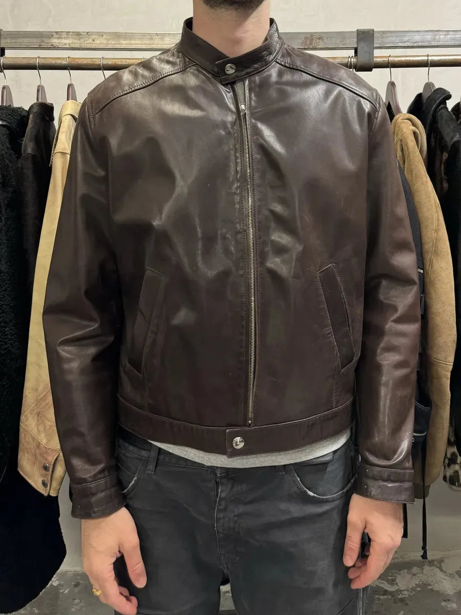 2000s Prada Biker Brown Leather Jacket (L) VFCHjrJ 11