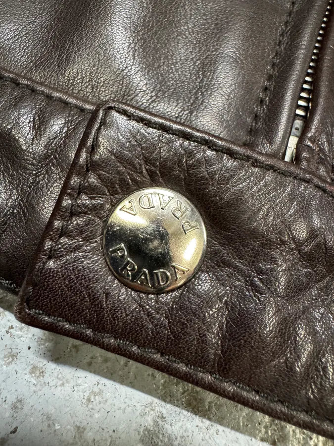 2000s Prada Biker Brown Leather Jacket (L) VFCHjrJ 6