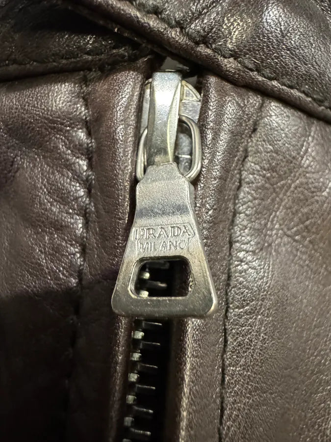 2000s Prada Biker Brown Leather Jacket (L) VFCHjrJ 9