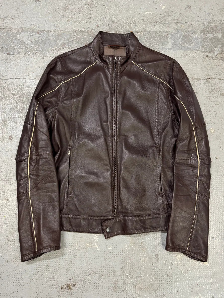 2000s Prada Biker Brown Leather Jacket UJPtPAD 0