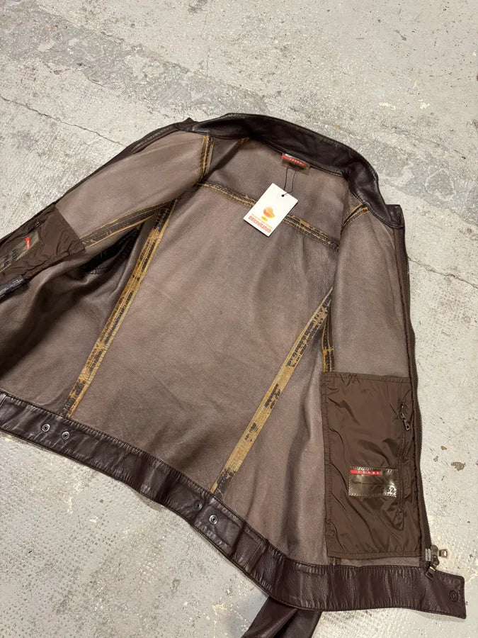 2000s Prada Biker Brown Leather Jacket UJPtPAD 8
