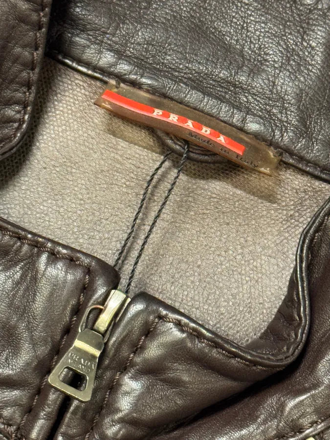 2000s Prada Biker Brown Leather Jacket UJPtPAD 9