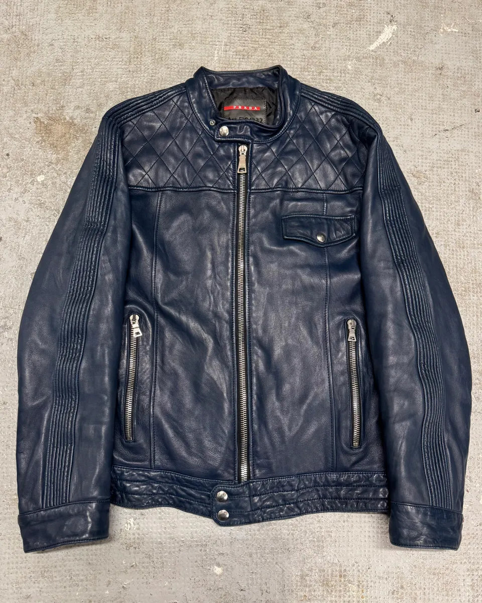 2000s Prada Biker Navy Leather Jacket (M) 0