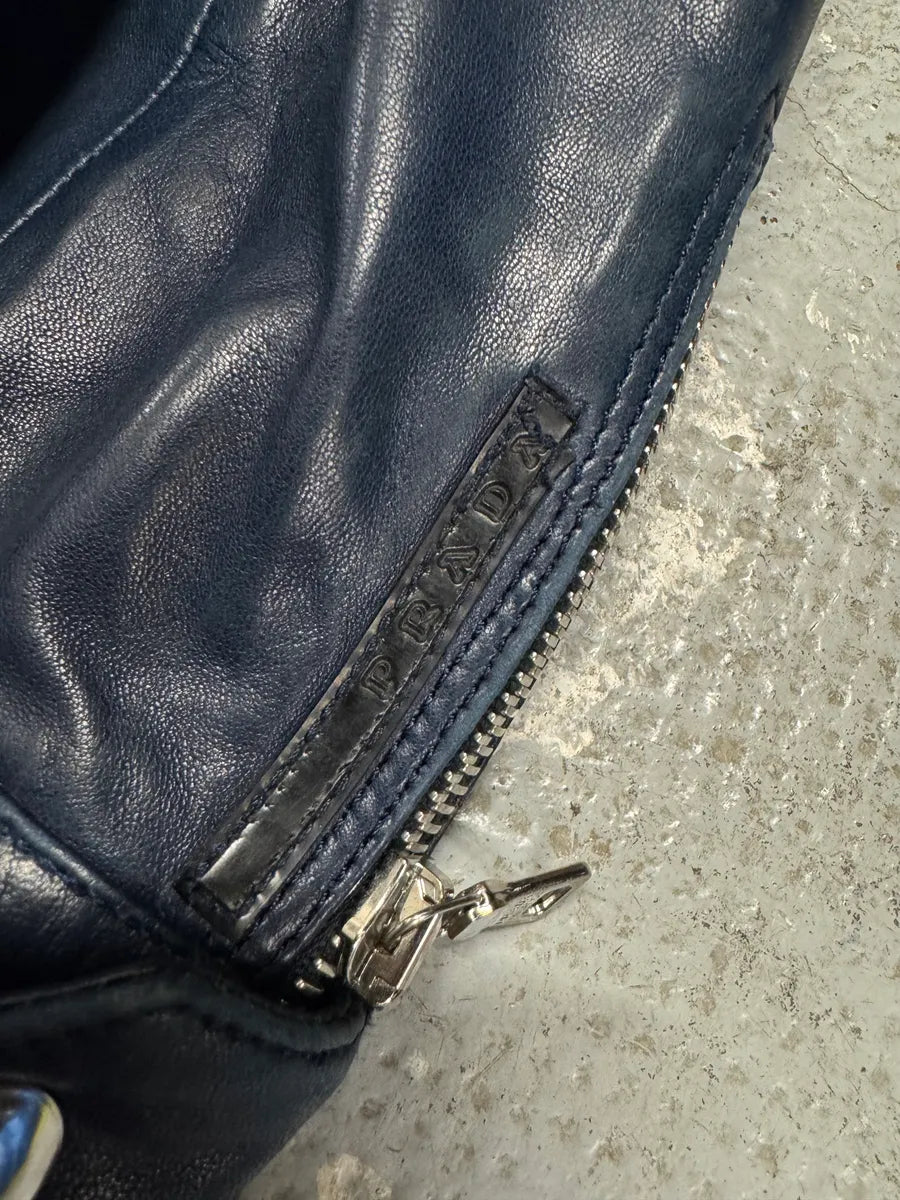 2000s Prada Biker Navy Leather Jacket (M) 13