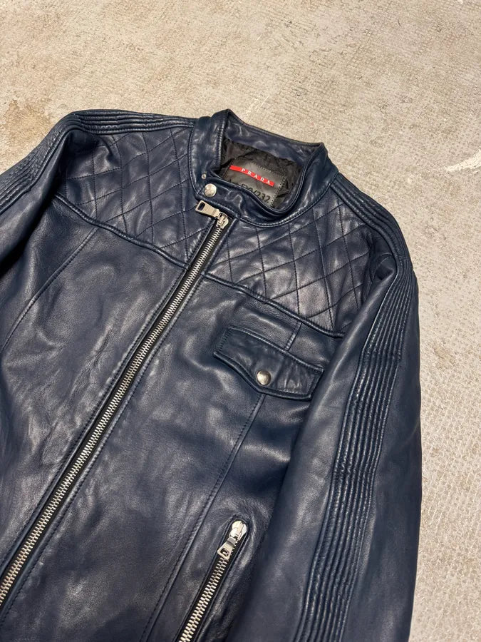 2000s Prada Biker Navy Leather Jacket (M) 2
