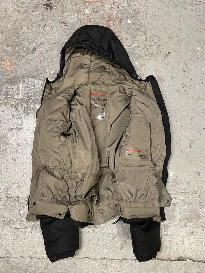 2000s Prada Black & Beige Hooded Lina Rossa Puffer Jacket axzfmhW 4