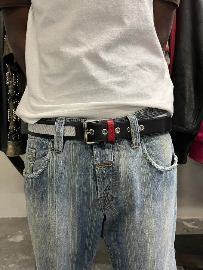 2000s Prada Black & Grey Hybrid Leather Belt kHcSDpo 1