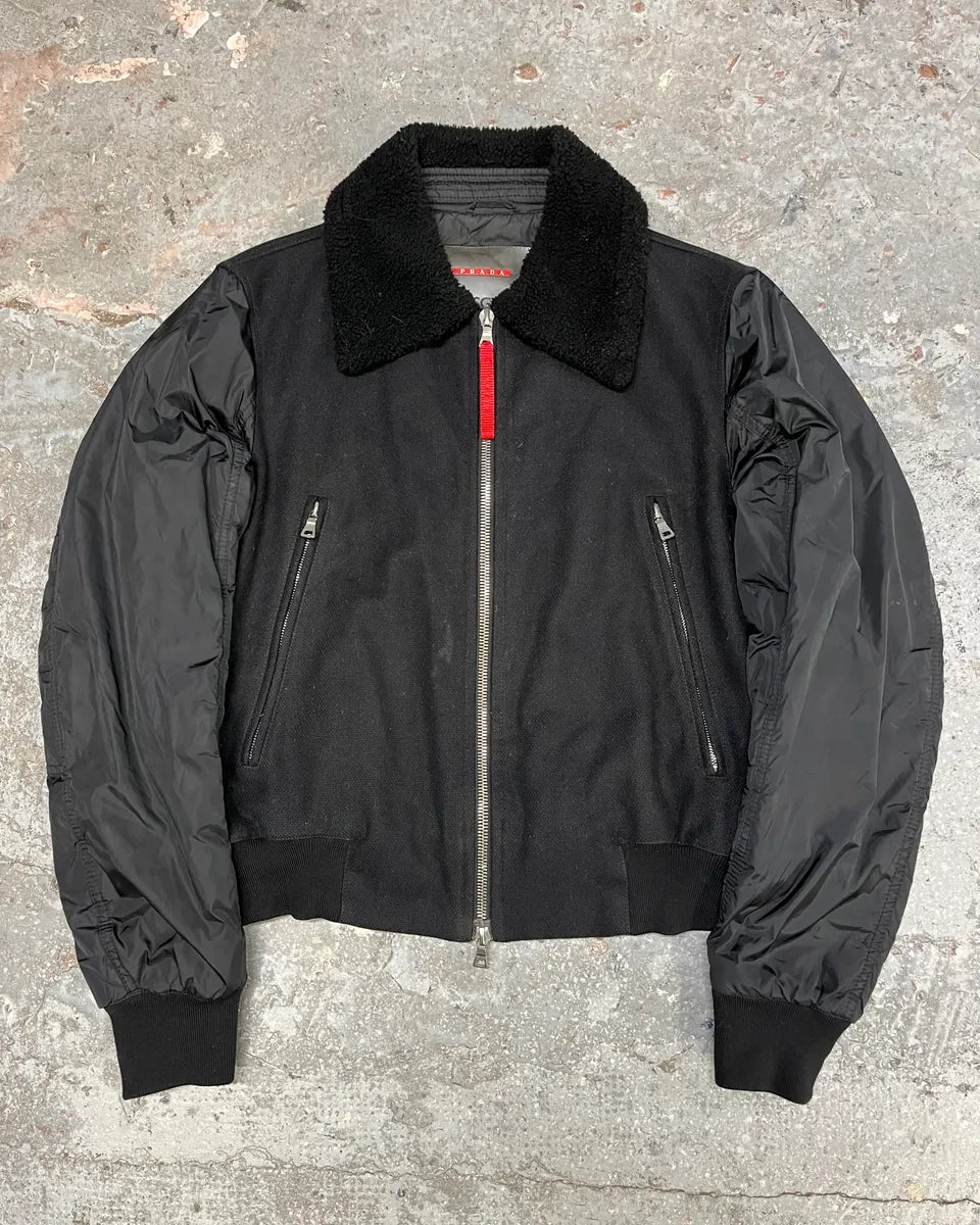 2000s Prada Black Aviator Cozy Bomber Wool Nylon Jacket (M) dMspHCQ 0