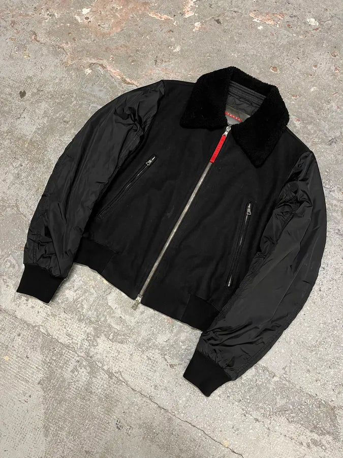 2000s Prada Black Aviator Cozy Bomber Wool Nylon Jacket (M) dMspHCQ 3