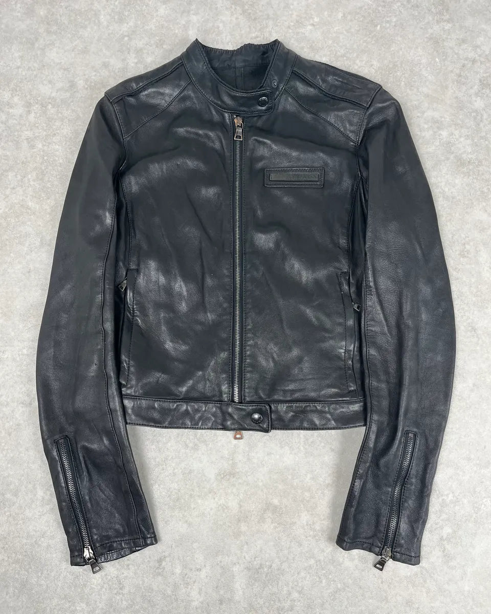 2000s Prada Black Biker Leather Jacket cTgrDJu 0