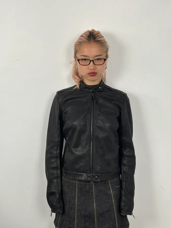 2000s Prada Black Biker Leather Jacket cTgrDJu 1