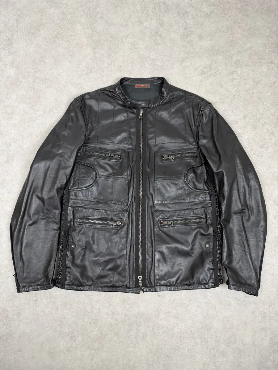 2000s Prada Black Biker Leather Laced Jacket fZOyLbq 0