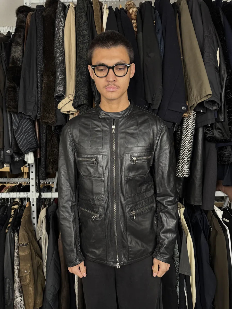 2000s Prada Black Biker Leather Laced Jacket fZOyLbq 1