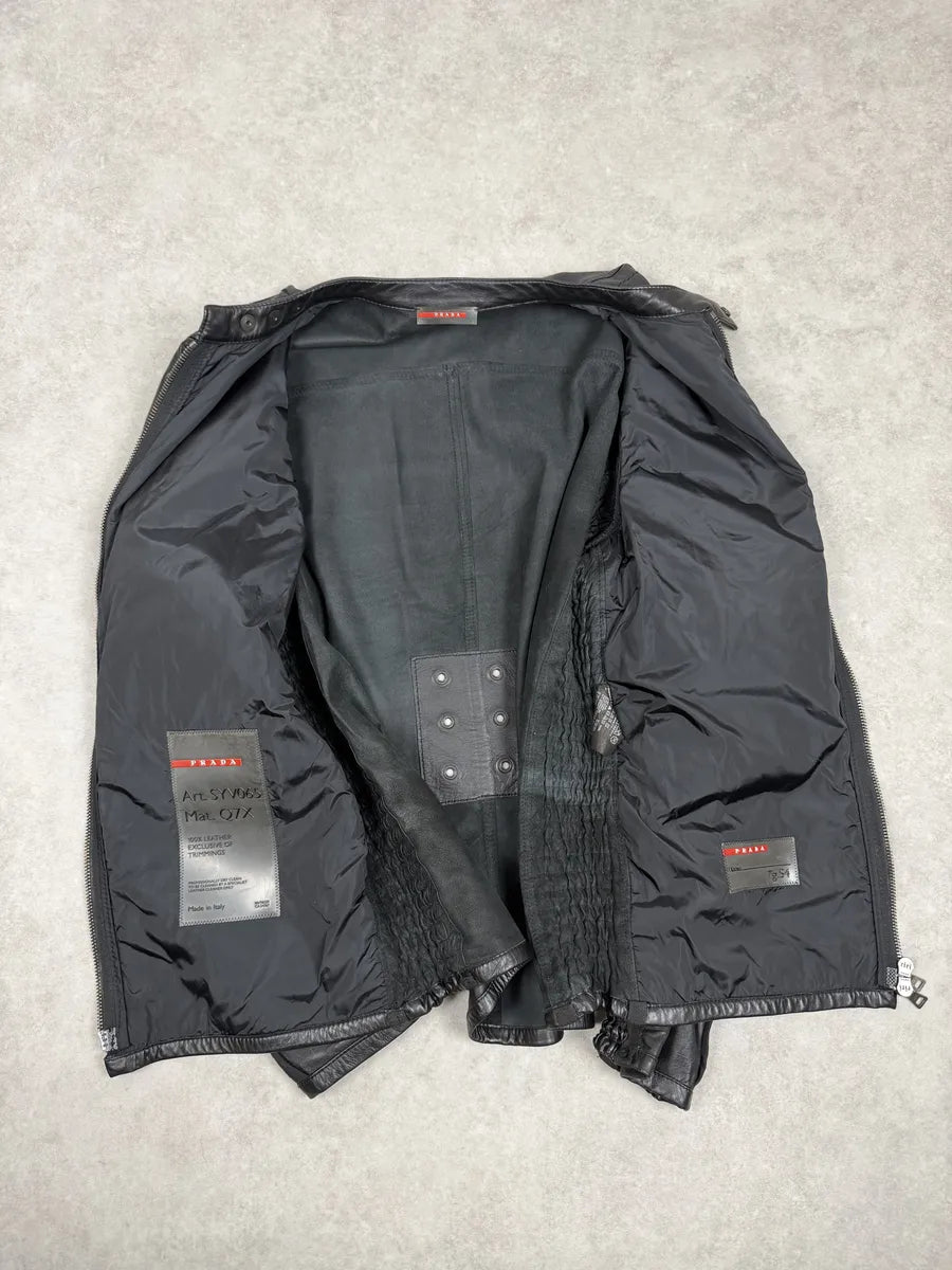2000s Prada Black Biker Leather Laced Jacket fZOyLbq 13