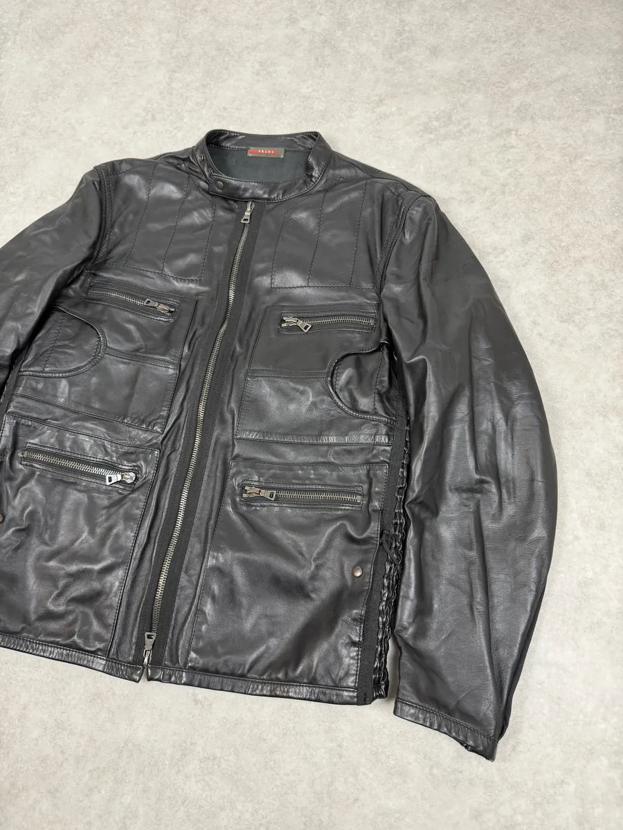 2000s Prada Black Biker Leather Laced Jacket fZOyLbq 4