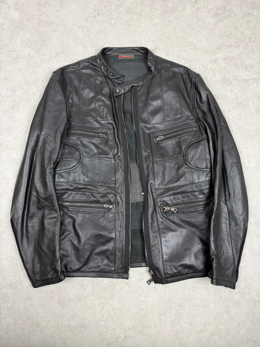 2000s Prada Black Biker Leather Laced Jacket fZOyLbq 5