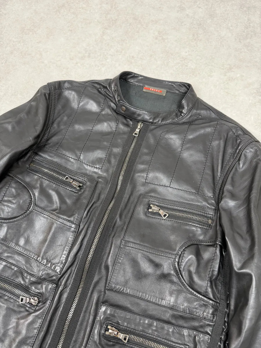 2000s Prada Black Biker Leather Laced Jacket fZOyLbq 6
