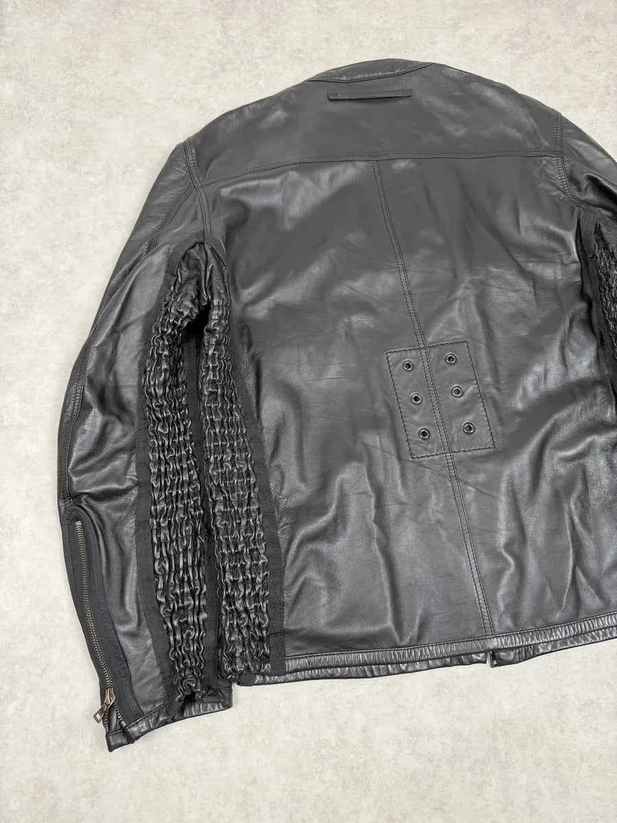 2000s Prada Black Biker Leather Laced Jacket fZOyLbq 7