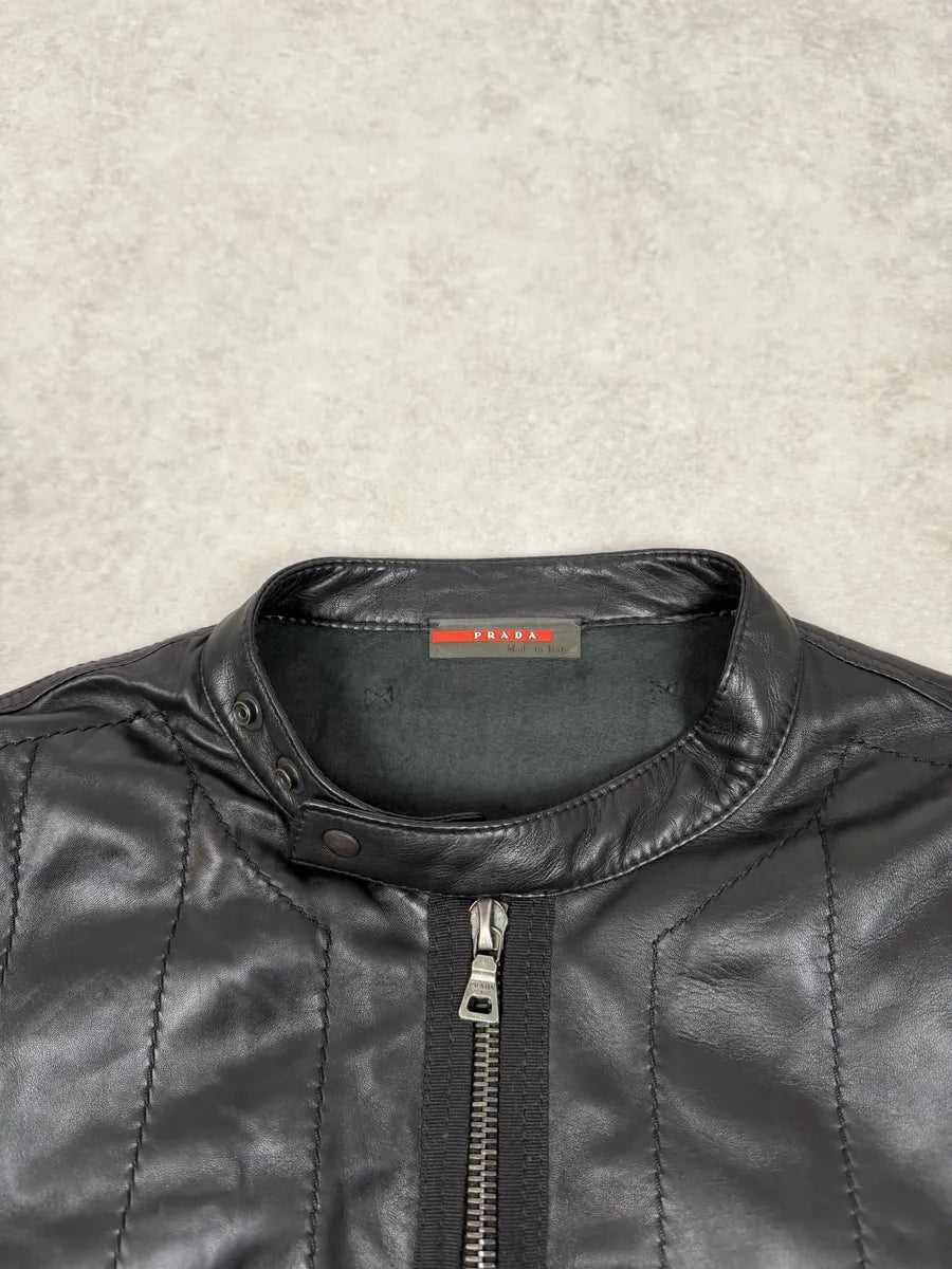 2000s Prada Black Biker Leather Laced Jacket fZOyLbq 8