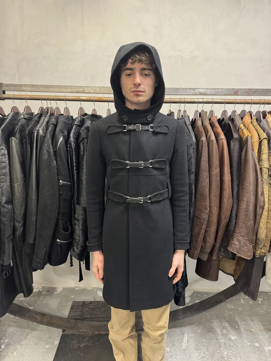2000s Prada Black Buckled Chic Long Duffle Coat ALfJsNQ 1