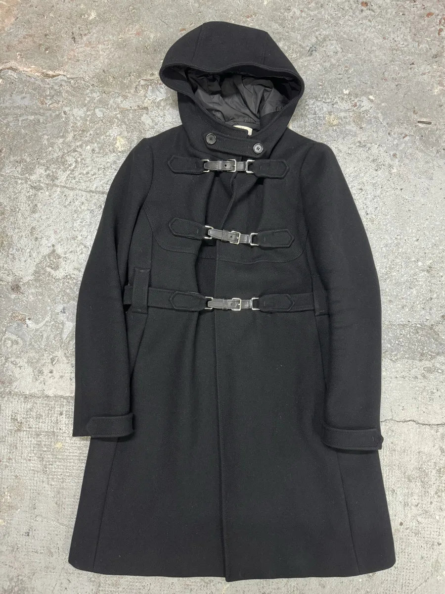 2000s Prada Black Buckled Chic Long Duffle Coat ALfJsNQ 0