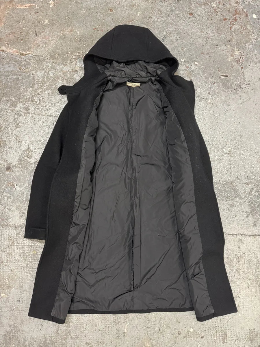 2000s Prada Black Buckled Chic Long Duffle Coat ALfJsNQ 5