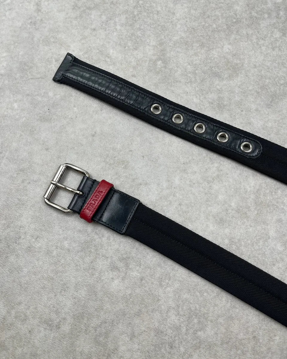 2000s Prada Black Canvas & Leather Contrast Logo Belt ByEdCpB 3