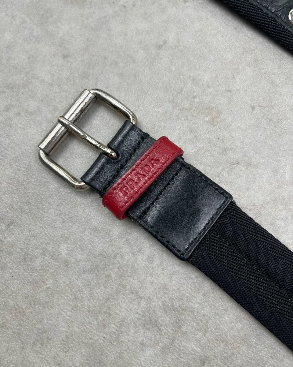 2000s Prada Black Canvas & Leather Contrast Logo Belt ByEdCpB 4
