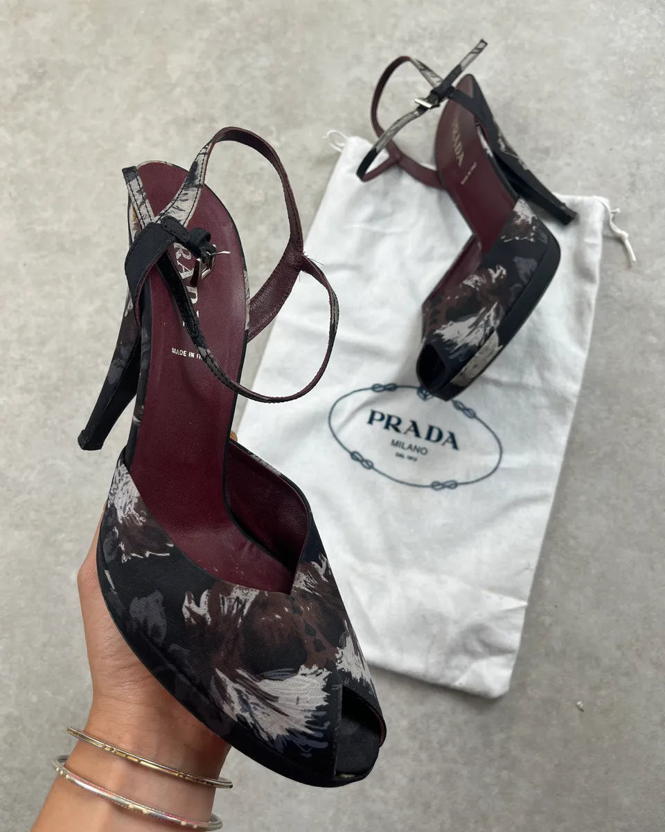 2000s Prada Black Floral Peep-Toe Heels PRYjEZH 0