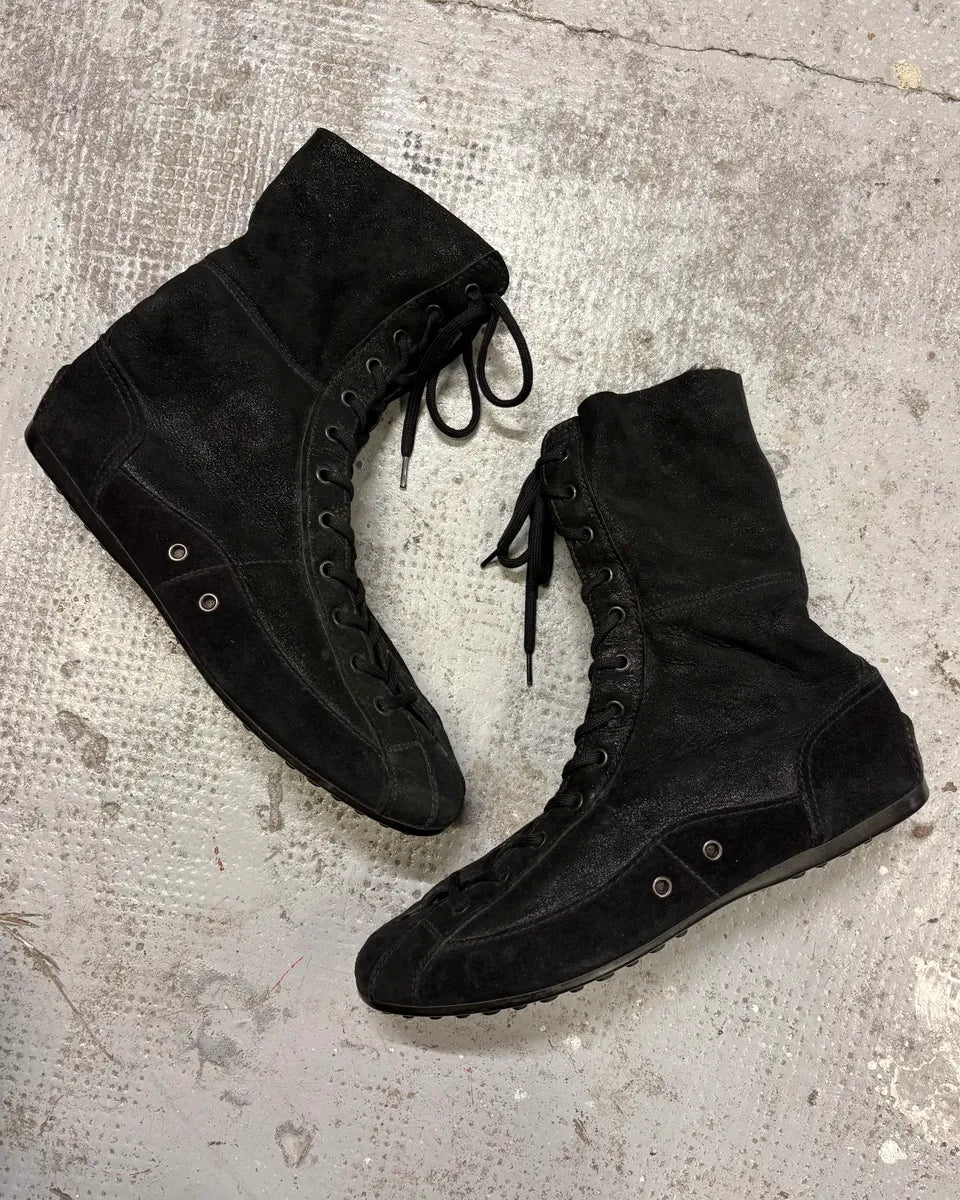 2000s Prada Black High Laced Boxing Suede Shoes eSyoUOP 0