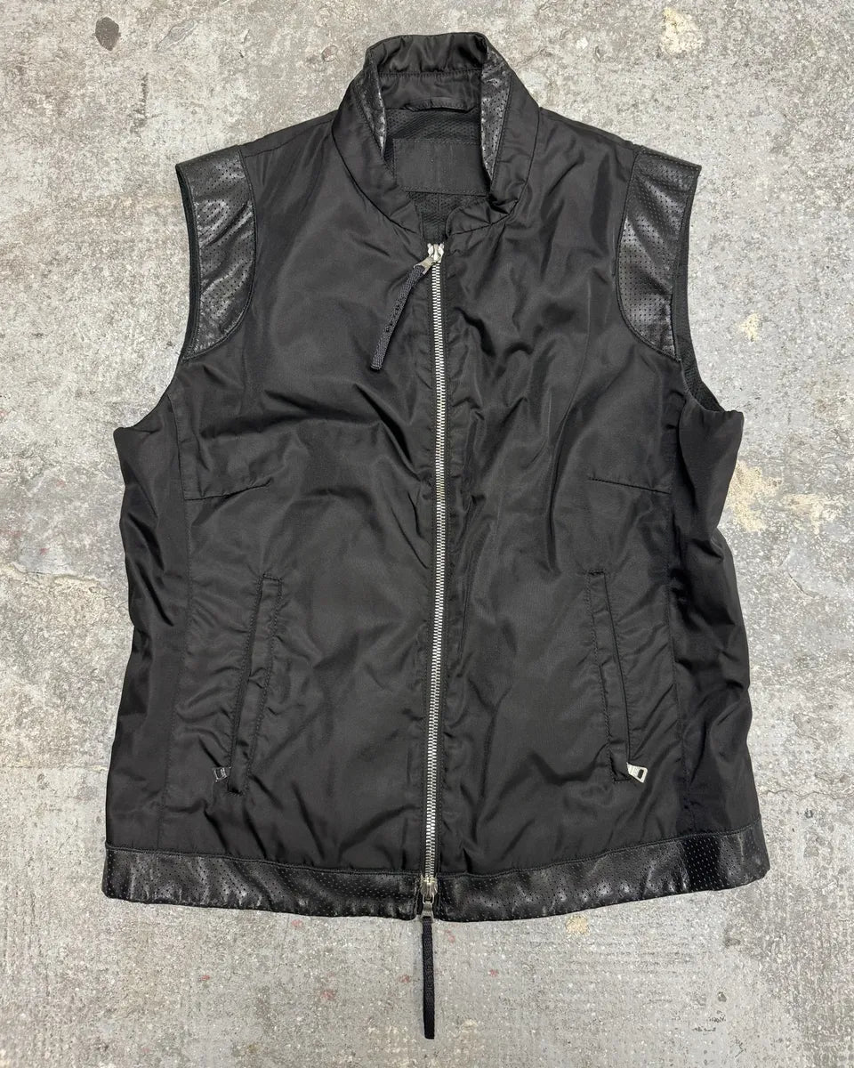 2000s Prada Black Hybrid Nylon & Leather Vest Jacket zkroxwH 0