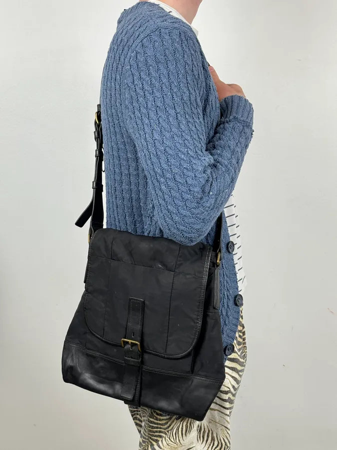2000s Prada Black Hybrid Nylon Leather Shoulder Bag JKEFAkQ 2