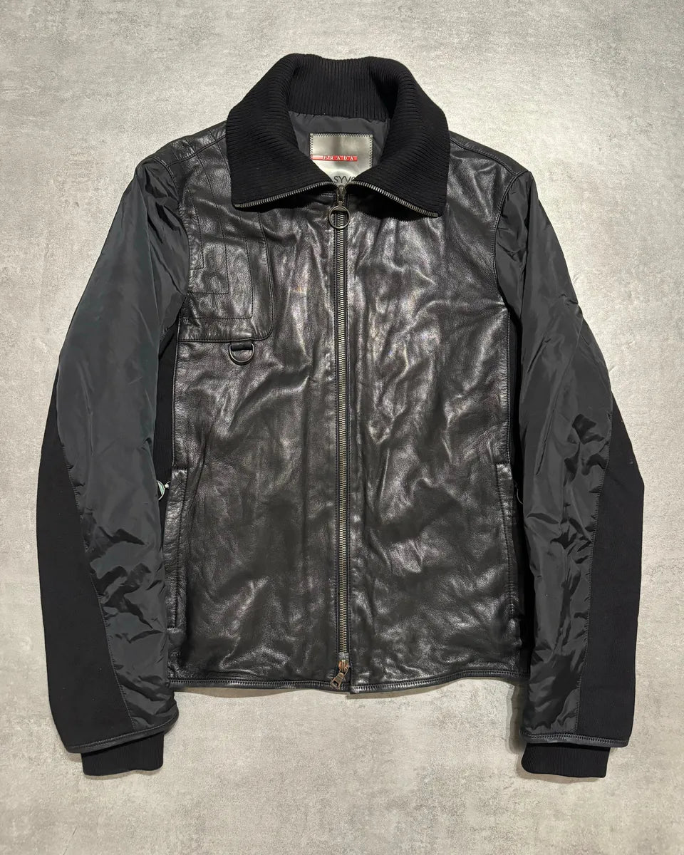 2000s Prada Black Hybride Leather, Nylon & Wool Biker Jacket (L) 0