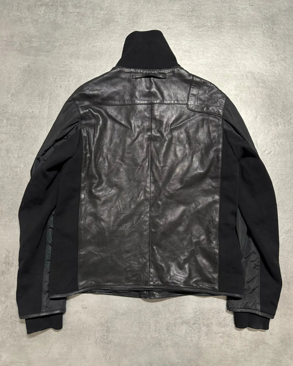 2000s Prada Black Hybride Leather, Nylon & Wool Biker Jacket (L) 1