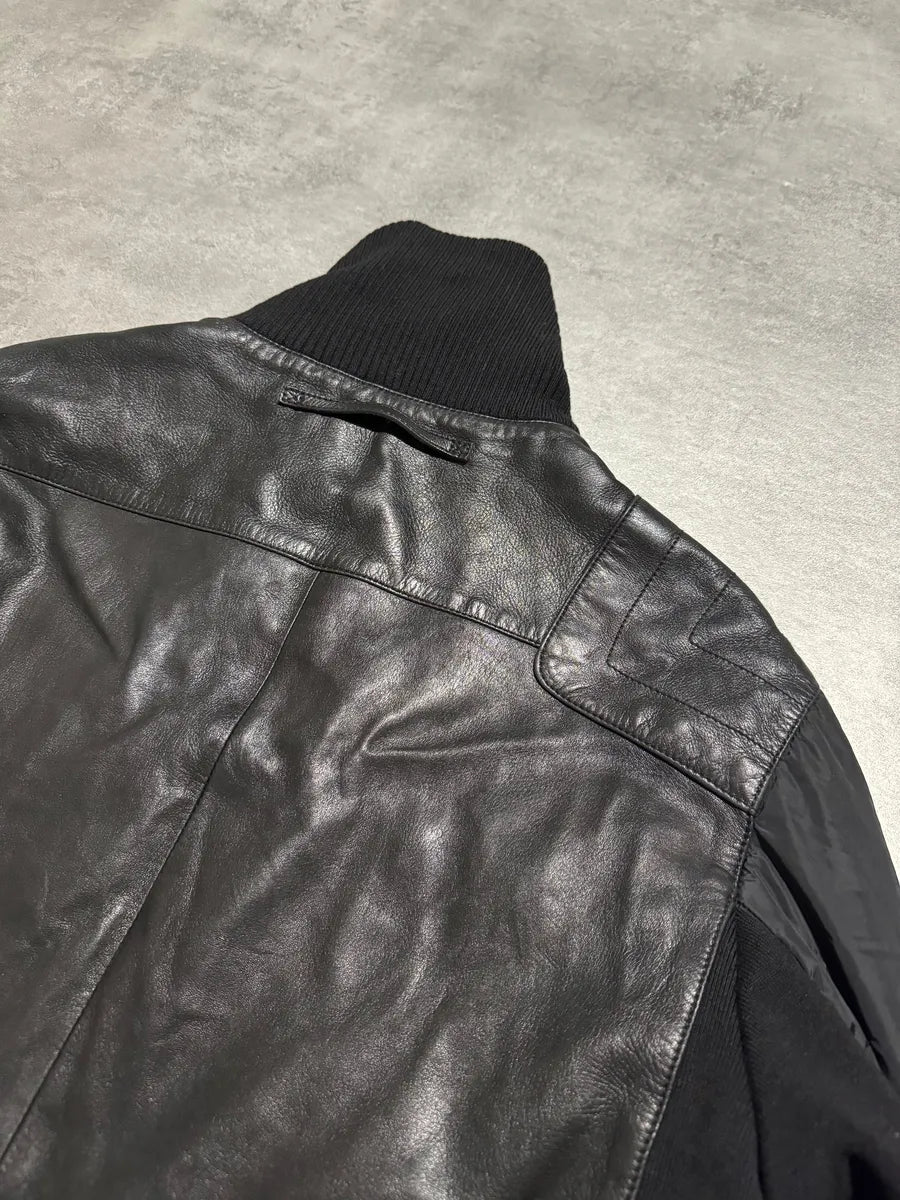 2000s Prada Black Hybride Leather, Nylon & Wool Biker Jacket (L) 2