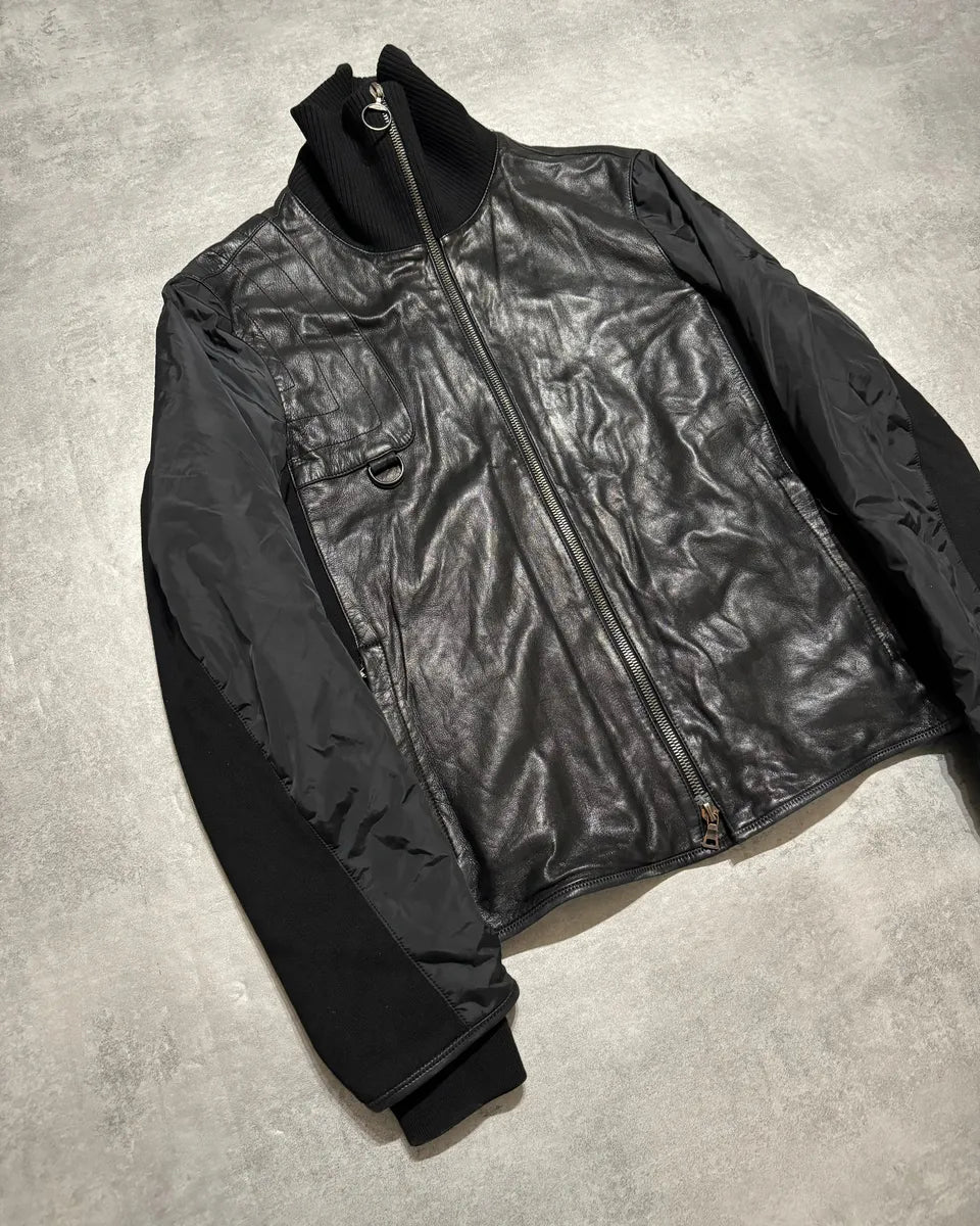 2000s Prada Black Hybride Leather, Nylon & Wool Biker Jacket (L) 3