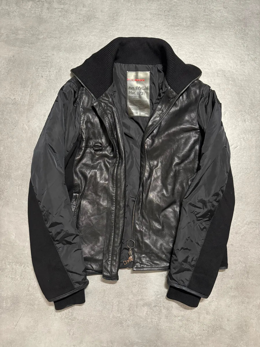 2000s Prada Black Hybride Leather, Nylon & Wool Biker Jacket (L) 8