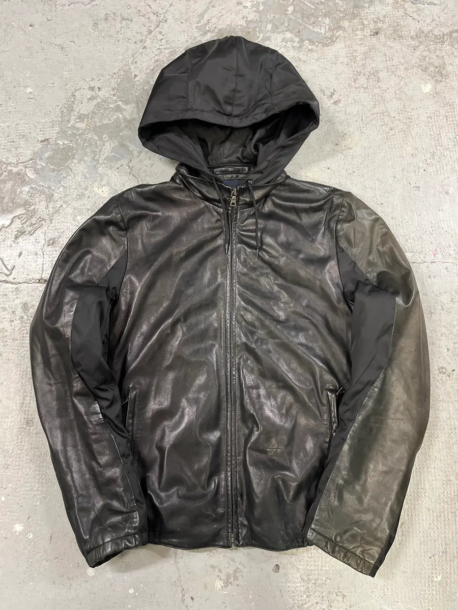 2000s Prada Black Lamb Leather Hooded Nylon Jacket (M) 0