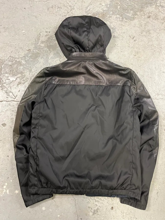 2000s Prada Black Lamb Leather Hooded Nylon Jacket (M) 1