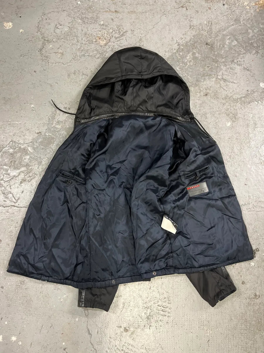 2000s Prada Black Lamb Leather Hooded Nylon Jacket (M) 11